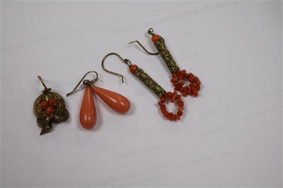 A mixed group of coral items including necklaces, brooch and earrings.